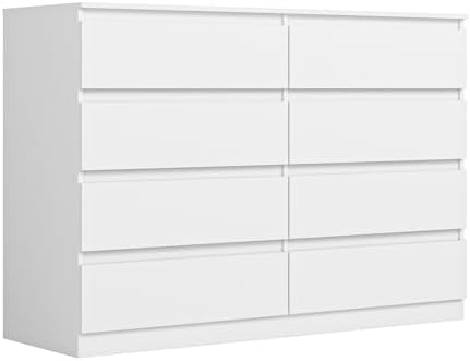 Vibe & Dine Double Dresser 8 Drawer, Modern Wooden Chest of Drawers with Wide Storage for Closet, Bedroom, Living Room, White by VibeDine