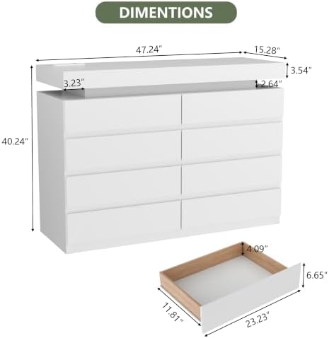 Gyfimoie 8 Drawer Dresser with Power Outlet, Modern Dresser with LED Light - Image 2