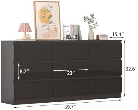 70 INCH 9 Drawers Dresser with Charging Station, Modern Large Dresser with 9 Handle Free Drawers, Wood Storage Chest of Drawers for Bedroom, Living Room, Entryway, Hallway, Black - Image 2