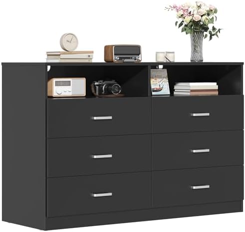 Bigbiglife 6 Drawers Dresser for Bedroom with Open Storage Cubby, Double Wide Dresser Organizer for Bedroom, Living Room, Entryway, Hallway (Black) by Bigbiglife