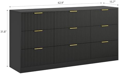 9 Drawer Fluted Dresser for Bedroom with Deep Drawers, Black丨63 Wide Wood Dresser, Large Chest of Drawers, Modern Long TV Stand, Storage Cabinet Side Table for Living Room, Hallway - Image 2
