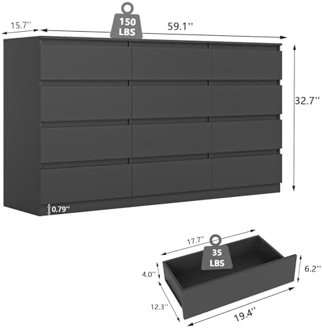 Spaco Black 12 Drawer Dresser for Bedroom,Modern Long Deep Drawer Dresser,Wood Storage Chest of Drawer, Storage Organizer Drawers for Living Room - Image 2