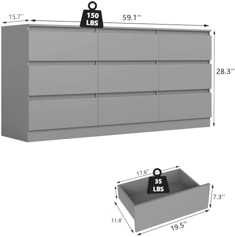 Grey 9 Drawer Dresser for Bedroom,Modern Long Dresser with Deep Drawers,Wide Storage Chest of Drawer,Wood Bedroom Storage Organizer Drawers forBedroom - Image 3