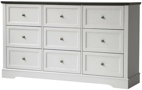 LOUVIXA Farmhouse Dresser 9 Drawer, Bedroom Chest of Drawers, Dressers with 9 Drawers, Wooden Dressers for Bedroom, Living Room, Tv Stand, Entryway(Off White-Brown) - Image 3