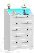 Wodeer White Dresser Tall 5 Drawer Dresser for Bedroom, Wood Chest of Drawers with LED Lights, Charging Station, Metal Handles, Modern Storage Cabinet and Organizer Drawers for Living Room, Hallway by WODEER