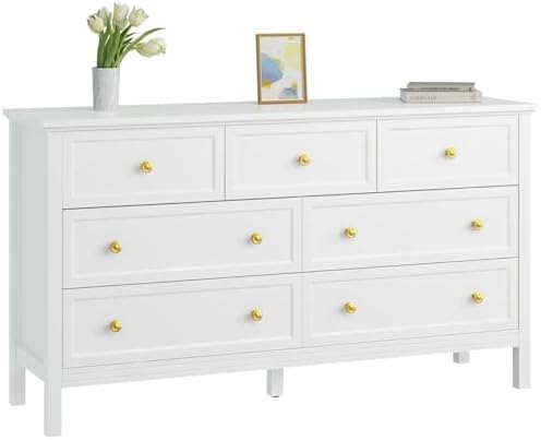 CARPETNAL 55" White Dresser for Bedroom with 7 Drawers & Modern Gold Handle by CARPETNAL