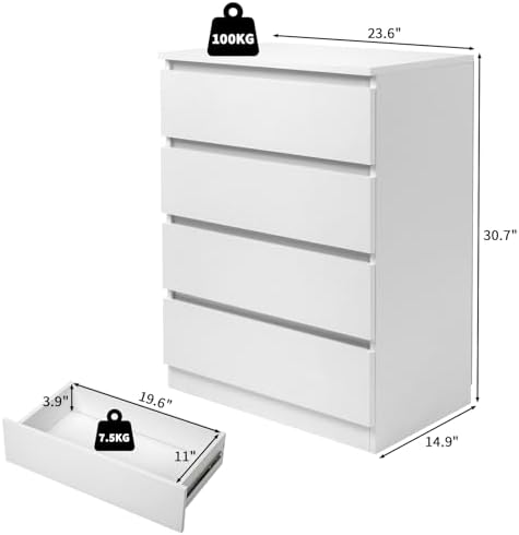 Karl home White 4 Drawer Modern Dresser, Bedroom Chest with Cut-Out Handles - Image 3