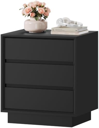 TEENFON Night Stand with 3 Drawers, Nightstand Side Table with Cut-Out Handle, Bedside End Table for Bedroom, Black, 17.7″ L × 15.7″ W × 23.6″ H by TEENFON