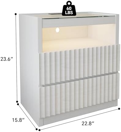 Modern Nightstand with Charging Station,Fluted 2 Drawers,White Oak Finish - Image 2