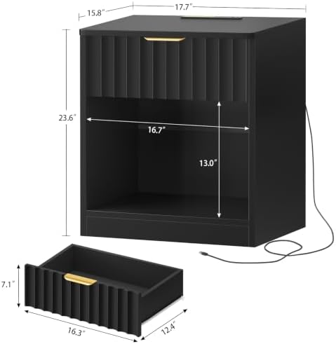 TEENFON Fluted Nightstands Set of 2, Night Stand with Charging Station and LED Light, Nightstand with Storage Drawer and Open Shelf, Bedside Table for Small Space, Bedroom, Black - Image 3