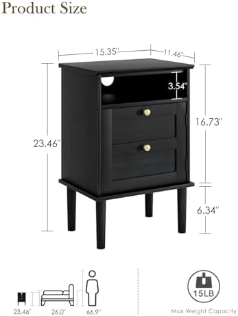 Nightstand, Boho Night Stand with 1 Drawers, Modern Side Accent Table with Open Shelf, Wooden Top Bedside End Table for Bedroom, Living Room, Black - Image 2