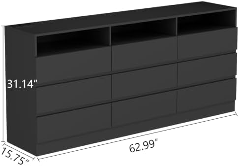 Gyfimoie 63" Black 9-Drawer Dresser for Bedroom w/Power Outlet, LED Light - Image 2