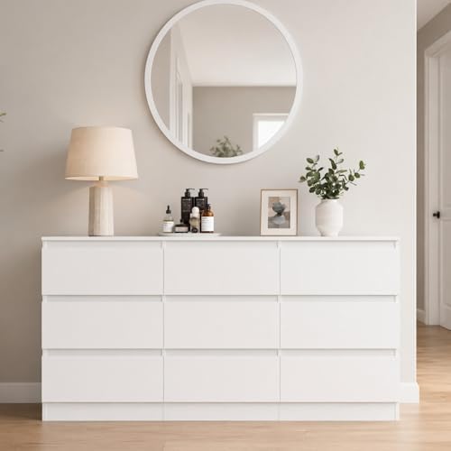 White 9 Drawer Dresser for Bedroom,Modern Deep Drawer Dresser with No-Handle Design,Wide Storage Chest of Drawers,Wood Bedroom Storage Organizer Furniture for Closet,Hallway - Image 2