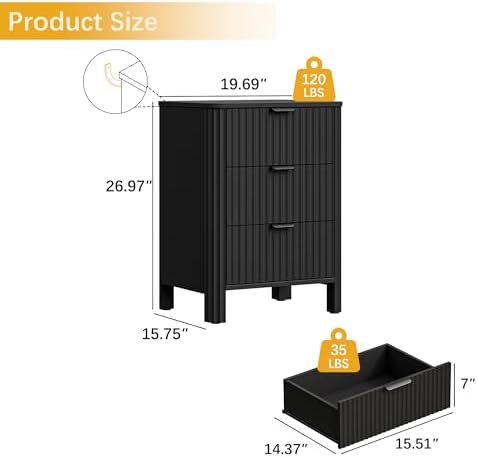Wodeer 3 Drawer Black Dresser for Bedroom, 20" W Wood Storage Cabinet with Fluted Design, Modern Chest of Drawers for Living Room, Nursery Clothing Organizer with Metal Slides, Anti-Tipping - Image 2
