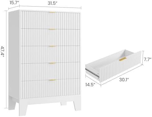 5 Drawer Dresser for Bedroom, 47" Tall Fluted Chest of Drawers, White - Image 2