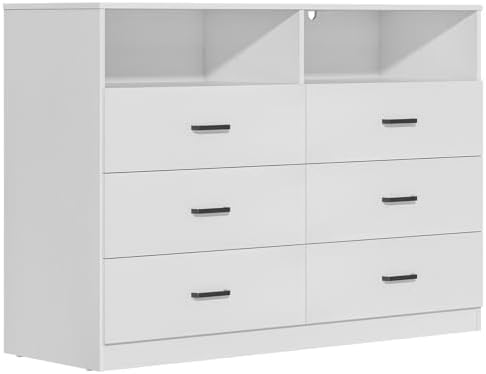 Bigbiglife 6 Drawers Dresser for Bedroom with Open Storage Cubby, Double Wide Dresser Organizer for Bedroom, Living Room, Entryway, Hallway (White) - Image 4