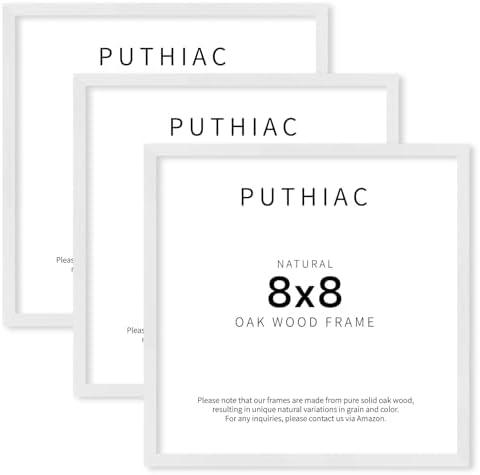 puthiac 8x8 Solid Oak Wood Picture Frames, White, 3 Pack by PUTHIAC