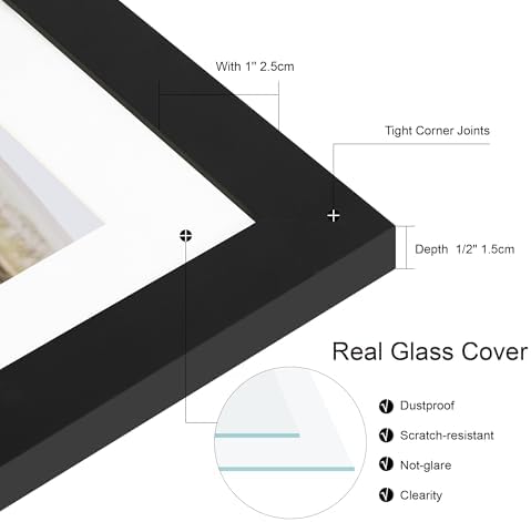 Hongkee 10x10 Picture Frame Set of 4, Made of Real Glass and Black Wooden Frame - Display Picture 8x8 with Mat or 10 x 10 Without Mat, 10 by 10 Photo for Wall or Tabletop - Image 3