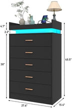 Hlivelood 5 Drawer Dresser with LED Light and Charging Station, Modern Chest of Drawers for Closet, Wide Drawer Organizer Cabinet, Living Room, Entryway, Hallway, Black - Image 2