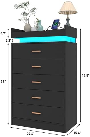 Hlivelood 5 Drawer Dresser with LED Light and Charging Station, Modern Chest of Drawers for Closet, Wide Drawer Organizer Cabinet, Living Room, Entryway, Hallway, Black - Image 2