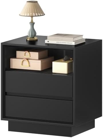 TEENFON Night Stand with 2 Drawers and Open Shelf, Nightstand Bedside Table with Cut-Out Handle, End Table for Bedroom, Black, 17.7″ L × 15.7″ W × 23.6″ H by TEENFON