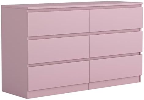 VERYKE Pink 6 Drawer Dresser for Bedroom,Chest of Drawers with No-Handle Design for Closet,Modern Wood Dresser Bedroom Storage Furniture by VERYKE