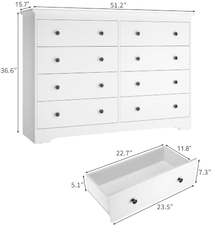 White Dresser for Bedroom, 8 Drawer Dresser with Large Drawers, 51 Inch Wide Wood Chest for Living Room, Hallway - Image 2
