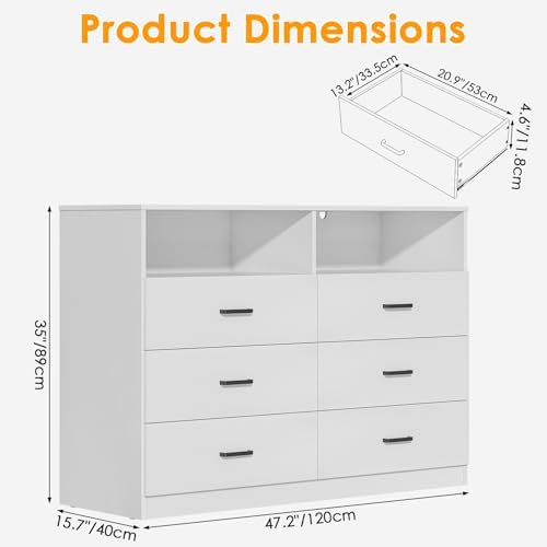 Bigbiglife 6 Drawers Dresser for Bedroom with Open Storage Cubby, Double Wide Dresser Organizer for Bedroom, Living Room, Entryway, Hallway (White) - Image 2