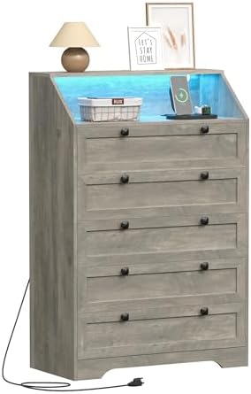 Wodeer Grey Dresser Tall 5 Drawer Dresser for Bedroom, Wood Chest of Drawers with LED Lights, Charging Station, Metal Handles, Modern Storage Cabinet and Organizer Drawers for Living Room, Hallway by WODEER