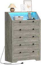 Wodeer Grey Dresser Tall 5 Drawer Dresser for Bedroom, Wood Chest of Drawers with LED Lights, Charging Station, Metal Handles, Modern Storage Cabinet and Organizer Drawers for Living Room, Hallway by WODEER