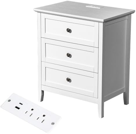 Karl home White Farmhouse Nightstand, Wide End Table with Charging Station by Karlhome