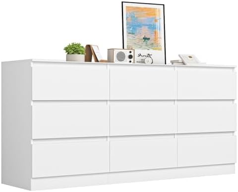 VERYKE White 9 Drawer Dresser for Bedroom,Chest of Drawers with No-Handle Design for Closet,Modern Wood Dresser Bedroom Storage Furniture by VERYKE