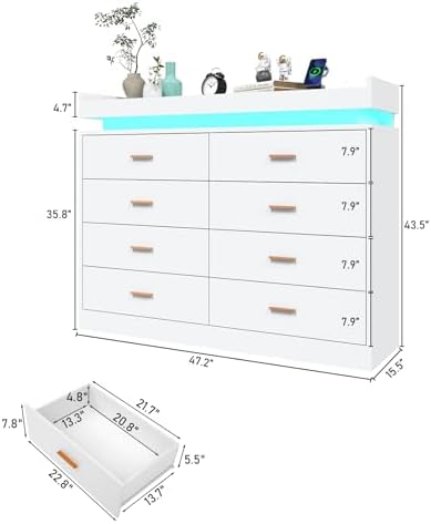 Hlivelood 8 Drawer Dresser with LED Light and Charging Station, Modern Chest of Drawers for Closet, Wide Drawer Organizer Cabinet for Bedroom, Living Room, Entryway, Hallway(White) - Image 2