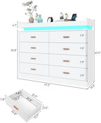 Hlivelood 8 Drawer Dresser with LED Light and Charging Station, Modern Chest of Drawers for Closet, Wide Drawer Organizer Cabinet for Bedroom, Living Room, Entryway, Hallway(White) - Image 2