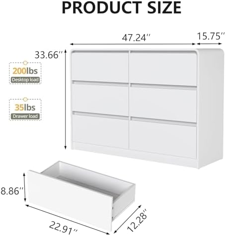 White 6 Drawer Dresser for Bedroom,Modern Deep Drawer Dresser with Curved Corner and No-Handle Design,Storage Wide Chest of Drawer,Wood Bedroom Storage Furniture for Closet,Nursery - Image 2