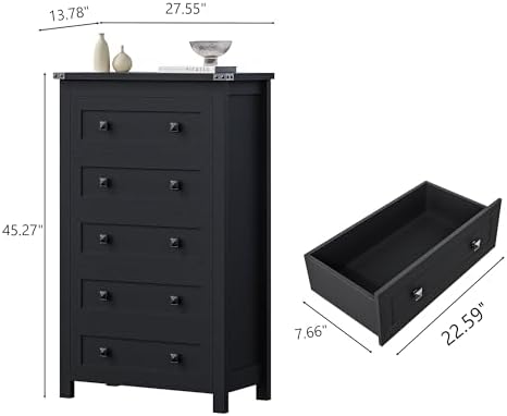 Wodeer Black Dresser Tall 5 Drawer Dresser for Bedroom, Wooden Dressers & Chests of Drawers with Metal Handles, Modern Storage Cabinet and Organizer Drawers for Bedroom, Hallway, Entryway - Image 2