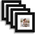 Hongkee 6x6 Picture Frame Set of 4, Made of Real Glass and Black Wooden Frame - Display Picture 4x4 with Mat or 6 x 6 Without Mat, 6x6 Photo for Wall or Tabletop by Hongkee