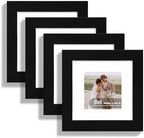 Hongkee 6x6 Picture Frame Set of 4, Made of Real Glass and Black Wooden Frame - Display Picture 4x4 with Mat or 6 x 6 Without Mat, 6x6 Photo for Wall or Tabletop by Hongkee