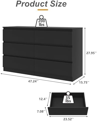 Black Dresser for Bedroom,Modern 6 Drawer Dresser with Deep Drawer,Wide Storage Chest of Drawers,Bedroom Storage Furniture Organizer,TV Stand for Living Room - Image 2