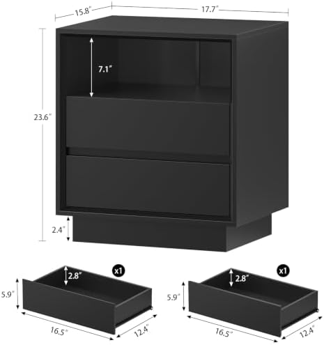 TEENFON Nightstands Set of 2, Night Stand with 2 Drawers and Open Shelf, Nightstand Side Table with Cut-Out Handle, Bedside End Table for Bedroom, Black, 17.7″ L × 15.7″ W × 23.6″ H - Image 3