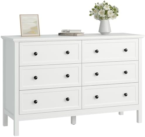 CARPETNAL 47" White Dresser for Bedroom with Modern Gold Handles & 6 Drawer by CARPETNAL