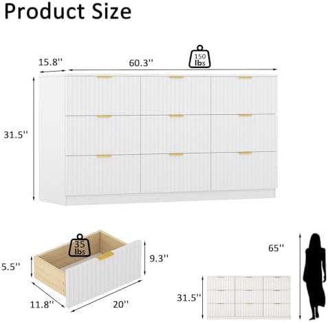 60.3" Wide Fluted 9 Drawer Dresser for Bedroom, White - Image 2