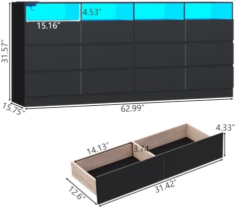 Gyfimoie 12-Compartment Divided Drawer Dresser w/Power Outlet, LED Light - Image 2