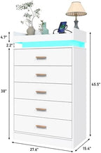 Hlivelood 5 Drawer Dresser with LED Light and Charging Station, Modern Chest of Drawers for Closet, Wide Drawer Organizer Cabinet, Living Room, Entryway, Hallway, White - Image 2