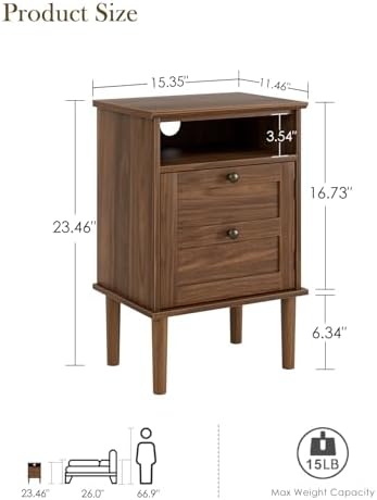Nightstand, Boho Night Stand with 1 Drawer, Modern Side Accent Table with Open Shelf, Wooden Top Bedside End Table for Bedroom, Living Room, Walnut - Image 2