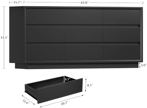 TEENFON 63" Dresser for Bedroom with 9 Drawers, Black Dresser with Metal Slide, Bedroom Dressers, Wood Dressers & Chests of Drawers for Bedroom, Hallway, Black - Image 3
