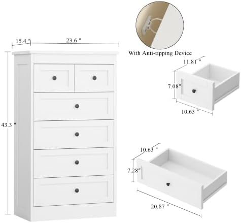 wanan Tall 6 Drawer Dresser for Bedroom, White Modern 43.3'' Tall Wood Chest of Drawers, Storage Organizer with Smooth Metal Rails & Anti-Tip Kit for Closet, Hallway, Living Room - Image 2