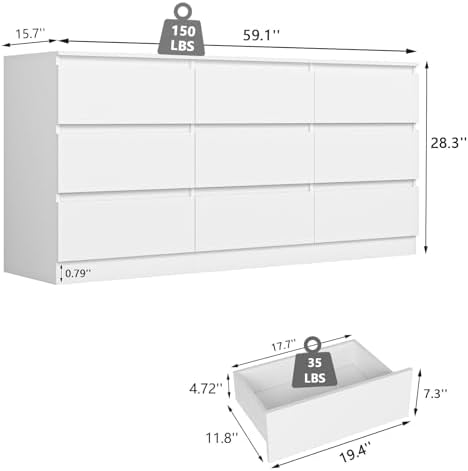 White 9 Drawer Dresser for Bedroom,Modern Deep Drawer Dresser with No-Handle Design,Wide Storage Chest of Drawers,Wood Bedroom Storage Organizer Furniture for Closet,Hallway - Image 3