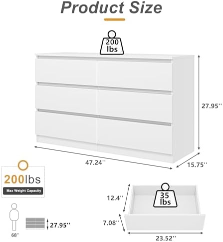 Vibe & Dine White Dresser, Modern 6 Drawer Double Dresser for Bedroom, Wood Chest of Drawers with Wide Storage for Living Room - Image 3