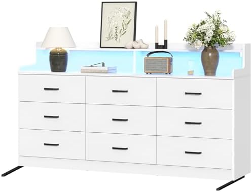 Bigbiglife 9 Drawer Dresser with Built in Power Outlet and LED Light, Modern Chest of Drawers for Bedroom, Triple Wide Drawer Organizer Cabinet for Living Room, Entryway, Hallway, Antique White - Image 4